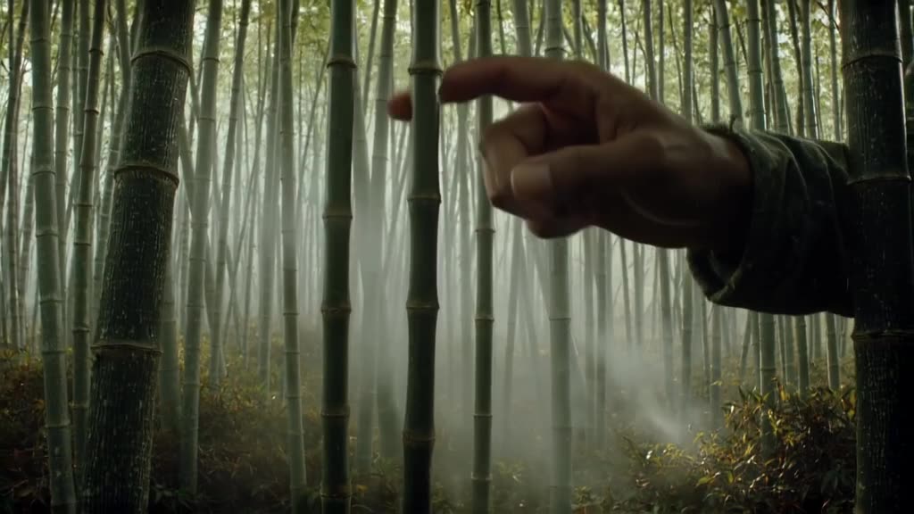 Ancient Japanese bamboo forest bathed in soft morning light. A giant finger gently taps e…