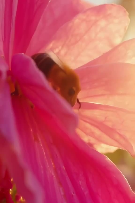 Extreme macro close-up of a fat bumblebee sliding comically down a glossy pink orchid pet…
