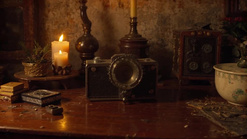 A vintage film camera dances on a dusty wooden desk. It tilts its lens side-to-side and z…