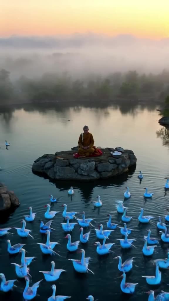 A serene monk in robes meditates while riding a flock of geese over a mirage lake. The ge…