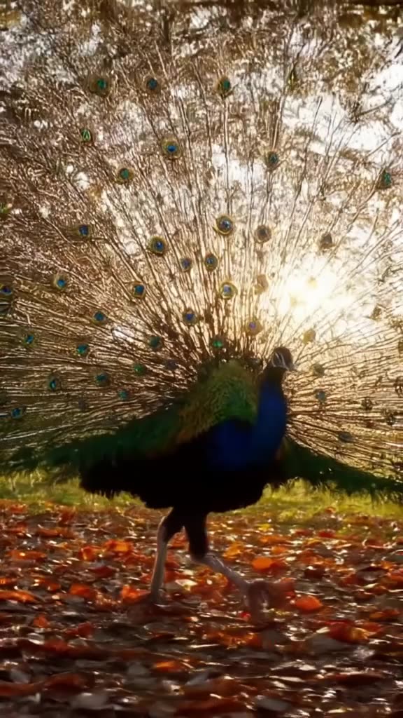 A peacock struts confidently down a runway made of fallen autumn leaves. Golden hour sunl…