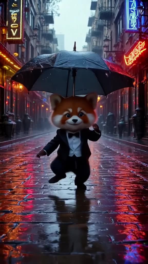 A red panda in a tiny tuxedo breaks into an interpretive salsa dance on a rainy cobblesto…