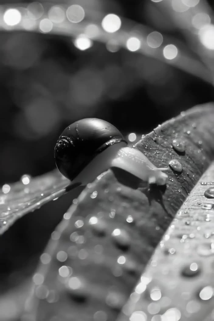 POV: A tiny snail racing a snail shell down a rain-soaked leaf. Macro lens captures water…