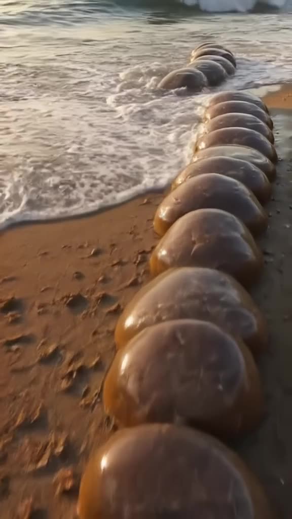 A horse constructed from smooth, polished river stones rolls down a sandy beach. Waves cr…
