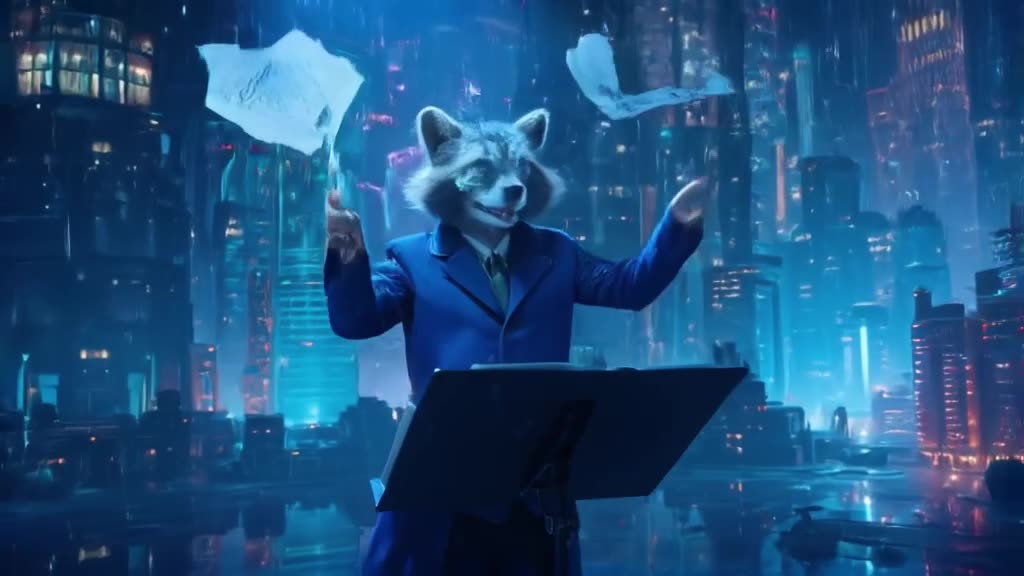 A raccoon in a conductor’s coat stands on a podium, frantically waving a baton at a float…
