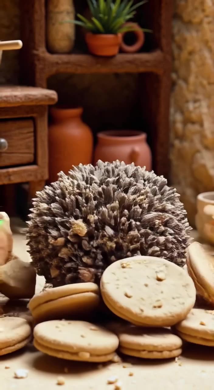 A baby hedgehog rolls into a pile of crumbled biscotti. It pops up covered in crumbs, loo…