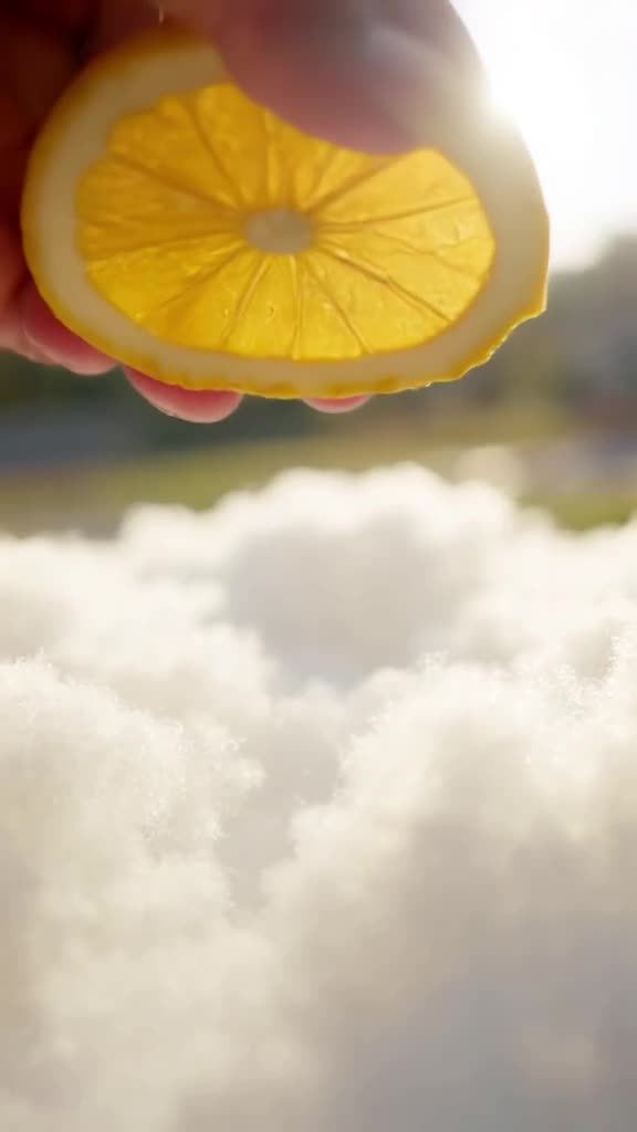 Photoreal: a slice of lemon is squeezed over a fluffy white cloud. Juice droplets hit the…