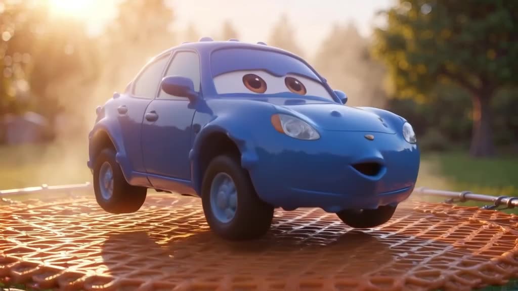 A 3D rendered car made of blueberry muffin batter bounces on a trampoline made of waffles…