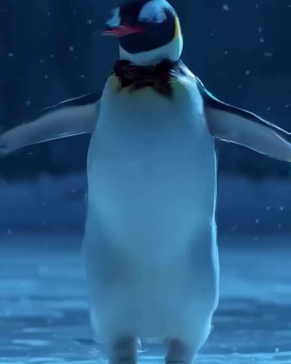 A penguin wearing a LEGO tuxedo bow tie performs a ballet pirouette on a frozen lake. Its…