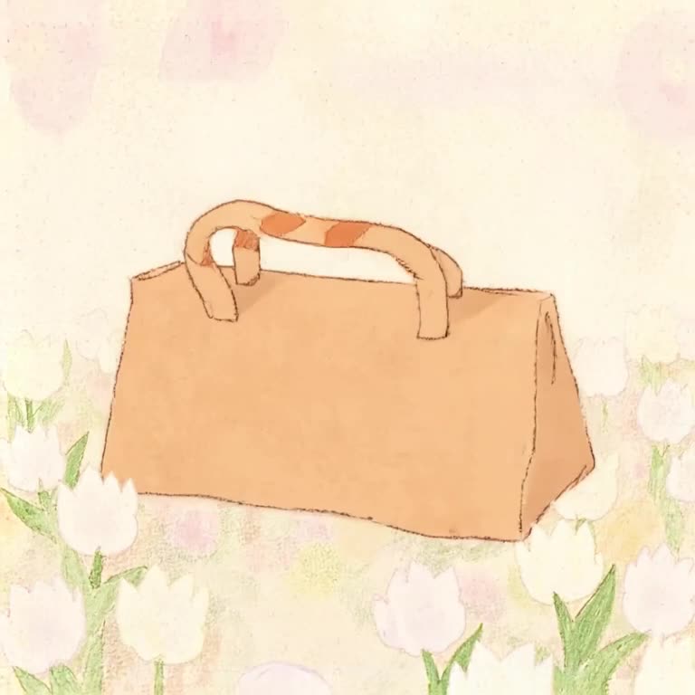 A beige shoulder bag rests on a bed of white tulips. The bag’s handle slowly morphs into …