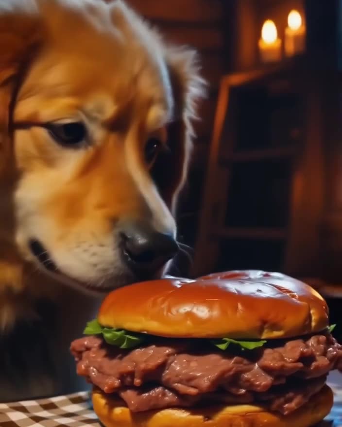 Inside a dim, candlelit cabin, a massive burger rests on a checkered cloth. A fluffy gold…