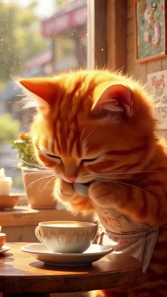 A fluffy orange tabby cat wears a tiny barista apron, clumsily pouring latte art into a c…