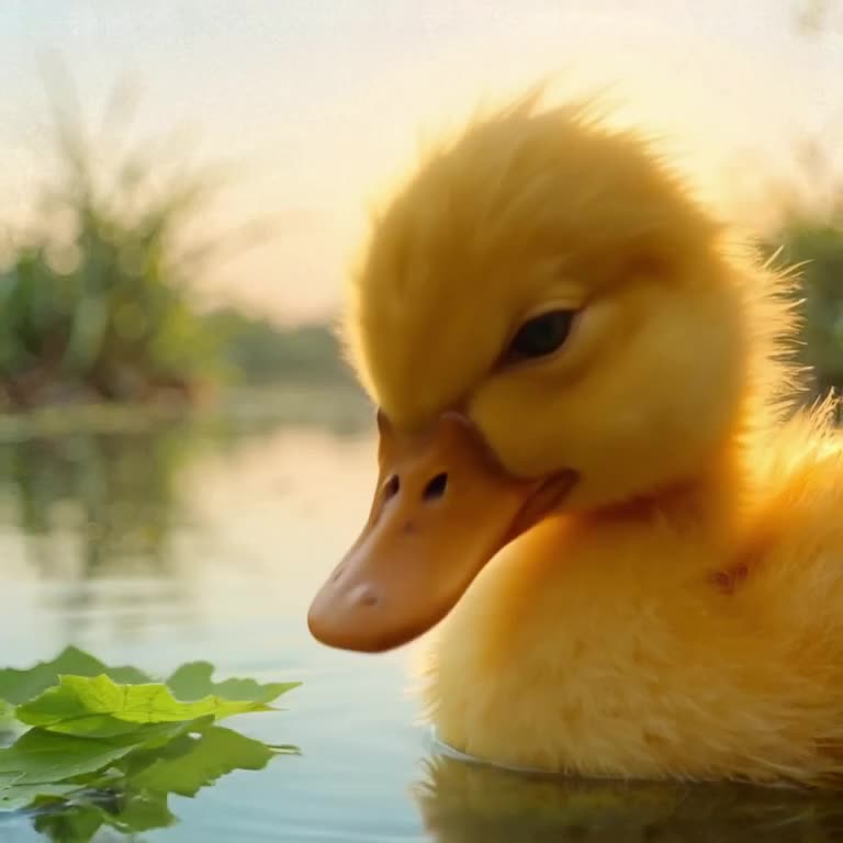 A baby duckling tilts its head, blinking slowly at a floating leaf. Golden hour glow wrap…