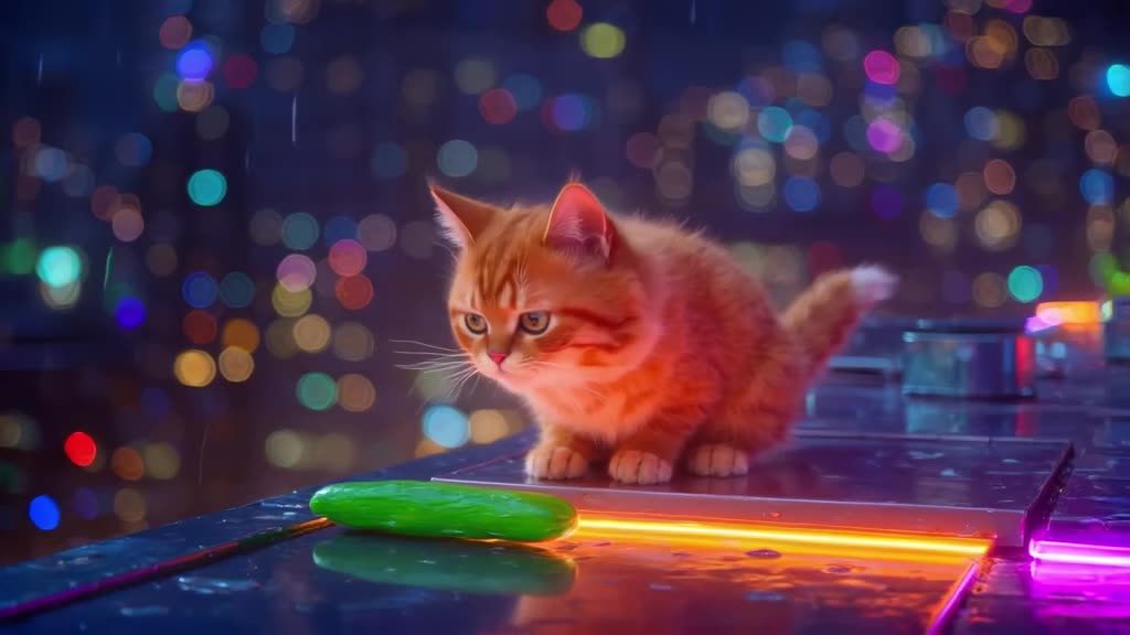 A fluffy orange tabby cat sits on a neon-drenched Tokyo rooftop edge, staring at a single…
