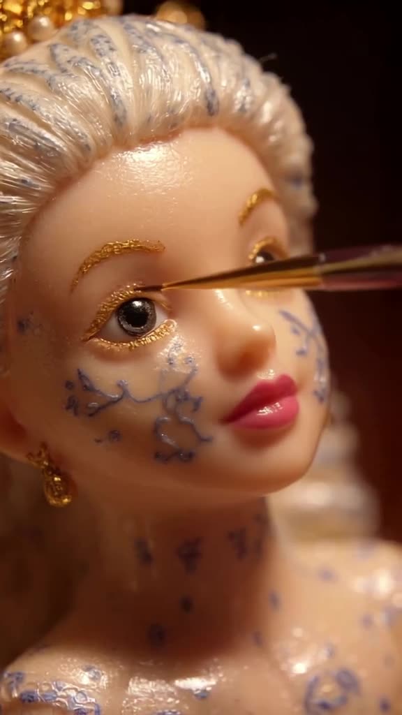 Macro shot of a delicate porcelain doll with intricate blue patterns. A tiny paintbrush d…