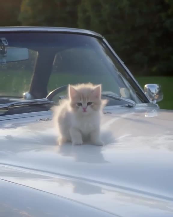 A pristine white classic convertible hood acts as a trampoline for a tiny, fluffy kitten …