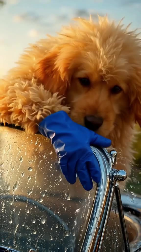 A fluffy golden retriever wearing tiny blue rubber gloves meticulously washes a vintage c…