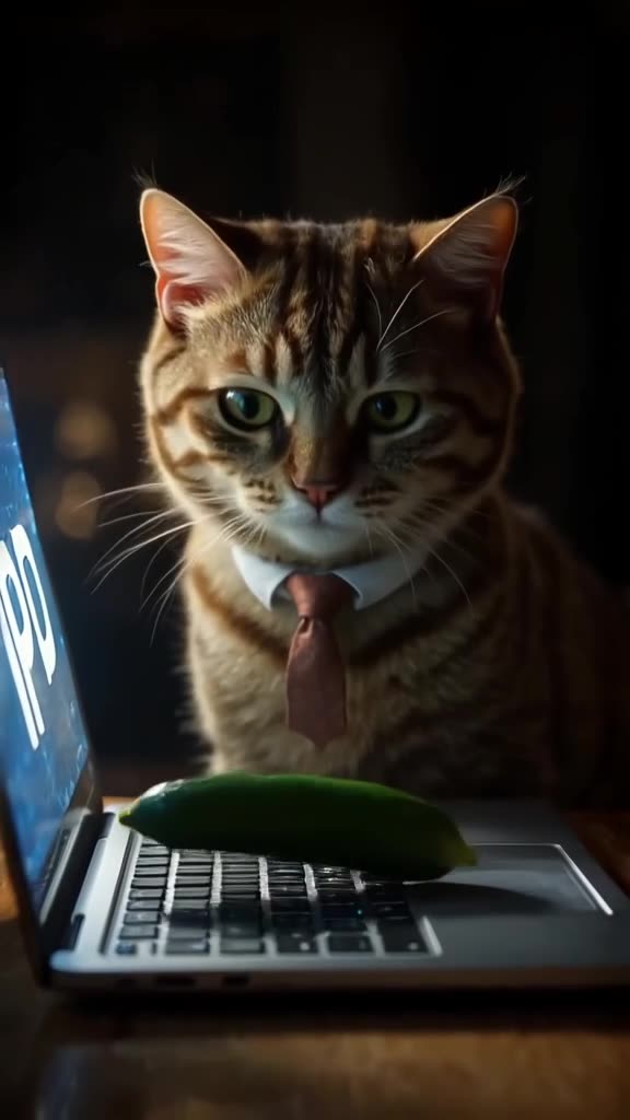 A sophisticated Persian cat wears a tiny tie, staring at a glowing laptop screen displayi…