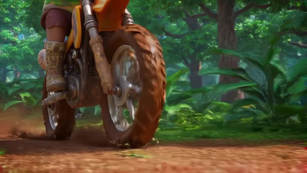 A dirt bike kicks up mud, but the mud transforms into tiny dancing frogs that hop around …