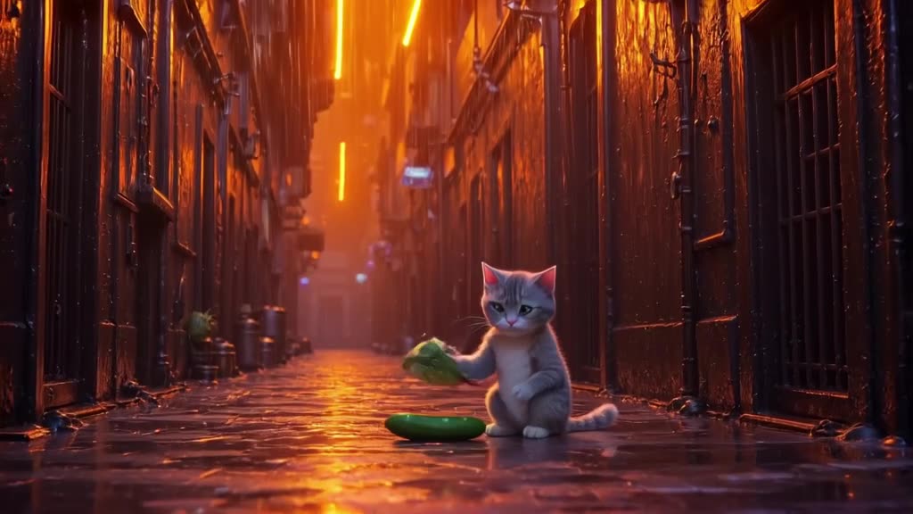 Photorealistic texture, rainy neon-lit alley. A cat sits next to a cucumber. The cucumber…