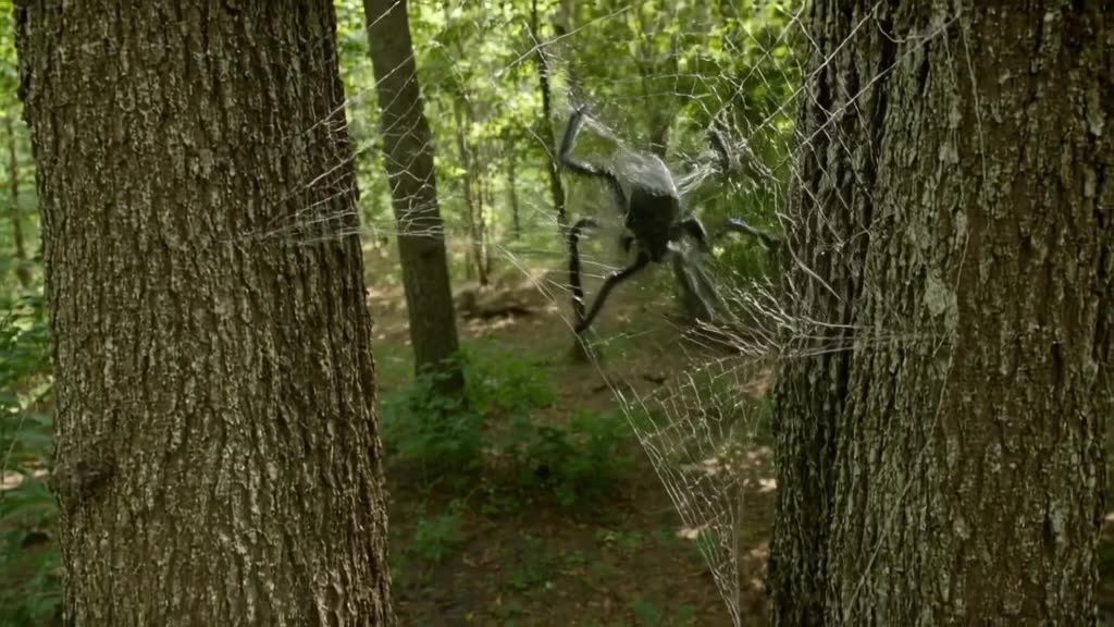 A giant spider weaves a web between two ancient trees. A fly gets stuck, but the spider g…