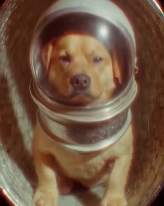 A vintage film clip shows a dog wearing a space helmet, floating in slow motion inside a …