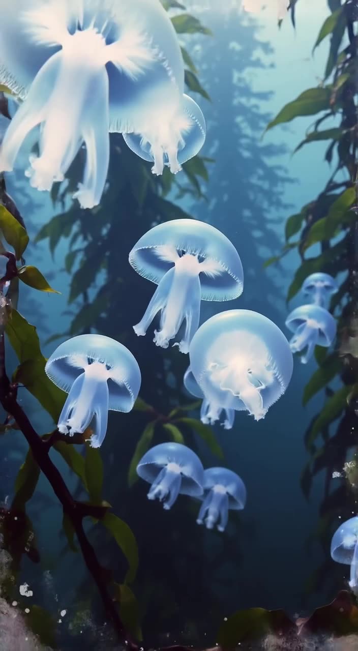 Crystal-clear jellyfish drift silently through a foggy underwater forest of kelp. Their t…