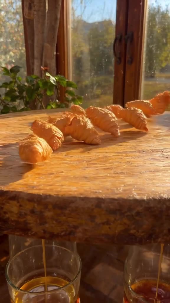 Dominoes made of tiny croissants topple in a line across a rustic wooden table. Each fall…