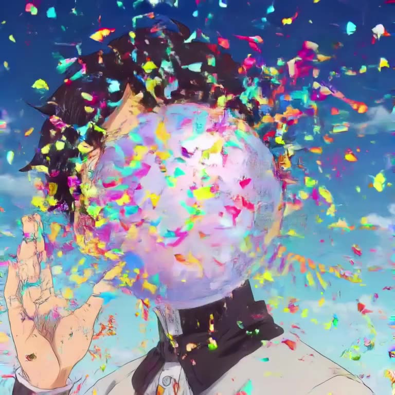 An anime-style character blows a bubble with gum that turns into a giant, iridescent sphe…