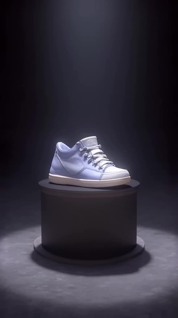 A sneaker sits on a pedestal. As a spotlight hits it, the sole detaches and bounces away …