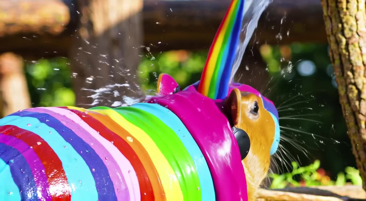 A capybara wearing headphones bobs its head while a stream of rainbow paint pours from ab…