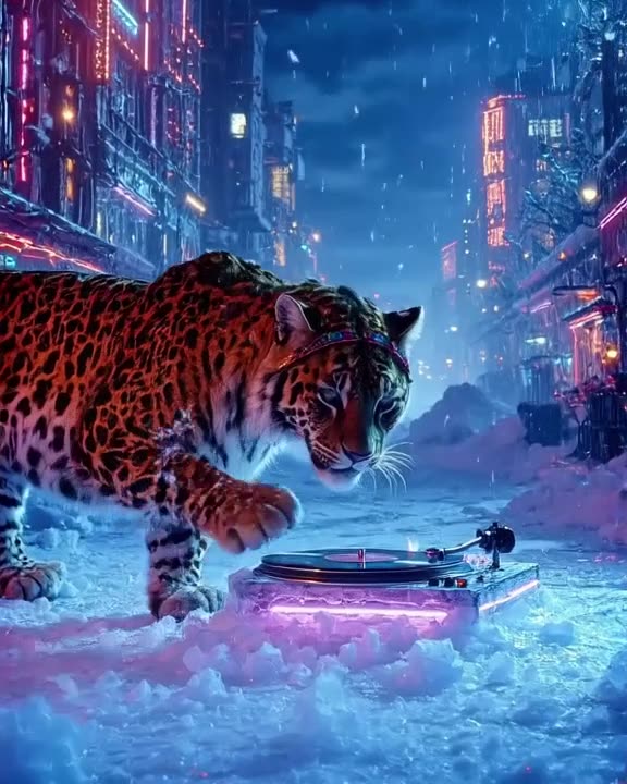 A snow leopard DJ scratches a vinyl record made of ice. Neon lights pulse. Vinyl crackle …