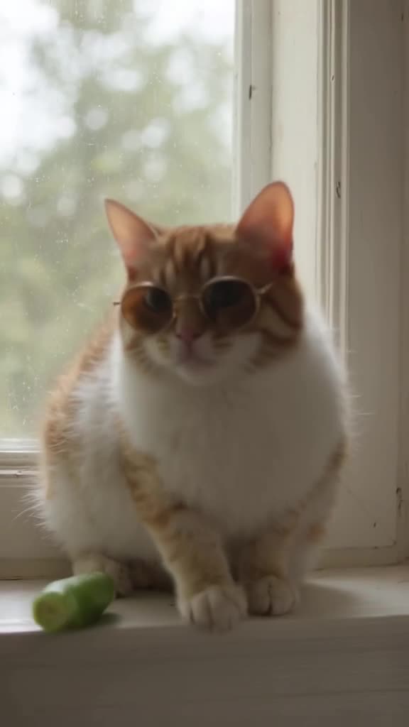 A calico cat in tiny chic sunglasses sits on a windowsill. A cucumber rolls past, missing…