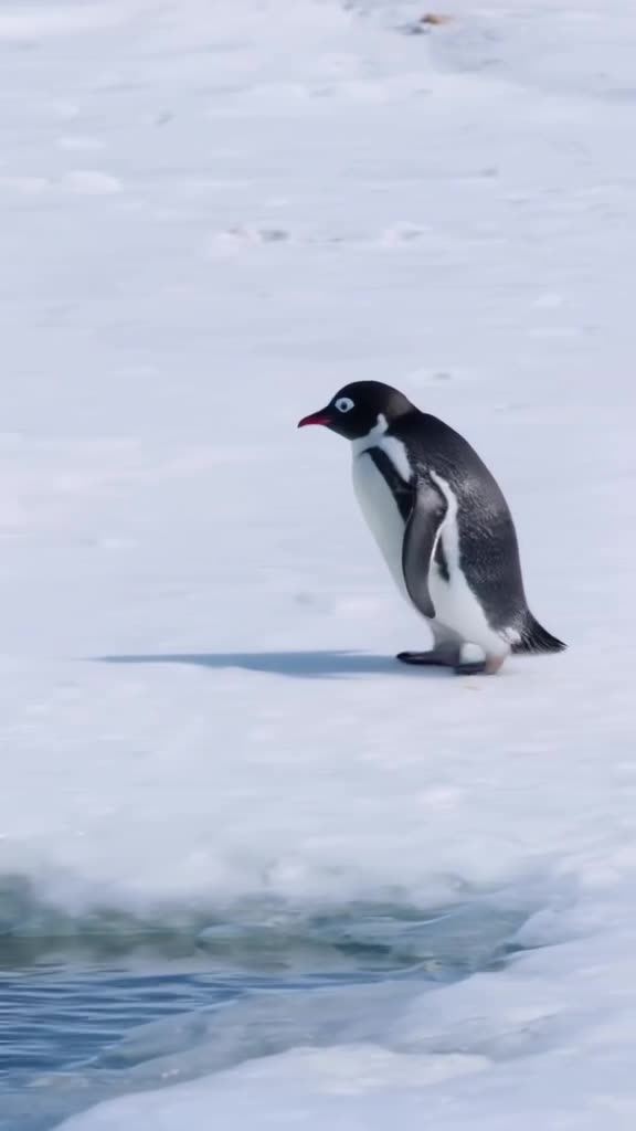 A penguin waddles toward an ice hole, slips on a banana peel, and slides gracefully into …