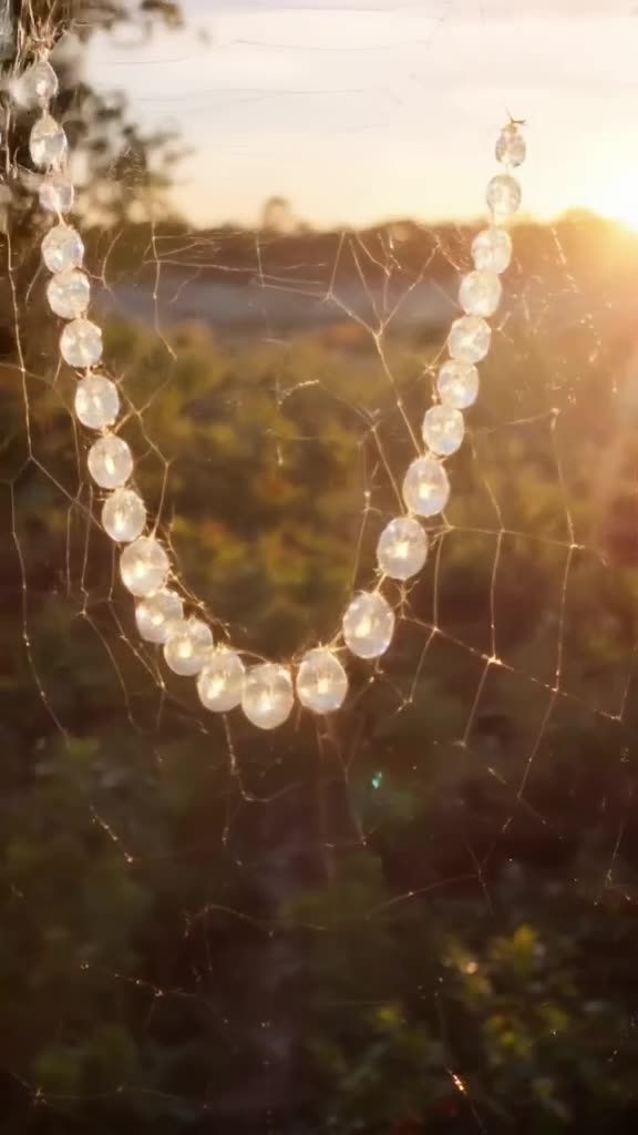 Dewdrops on spiderweb align into a perfect necklace shape, morning light sparkles intense…