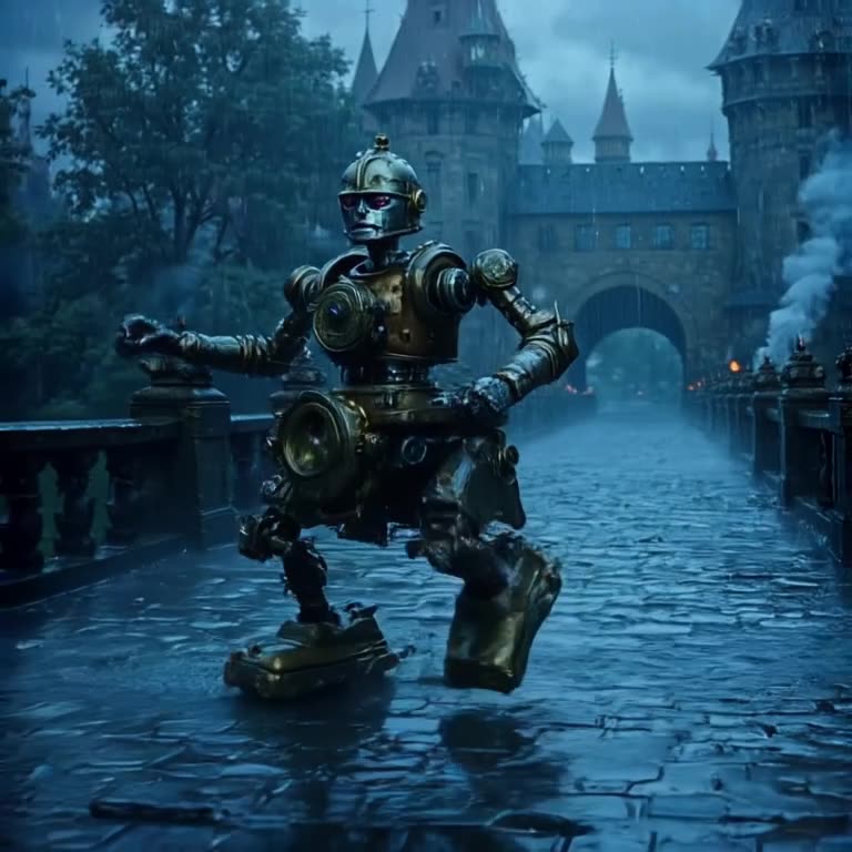A steampunk robot with brass gears gracefully waltzes across a wet cobblestone bridge in …