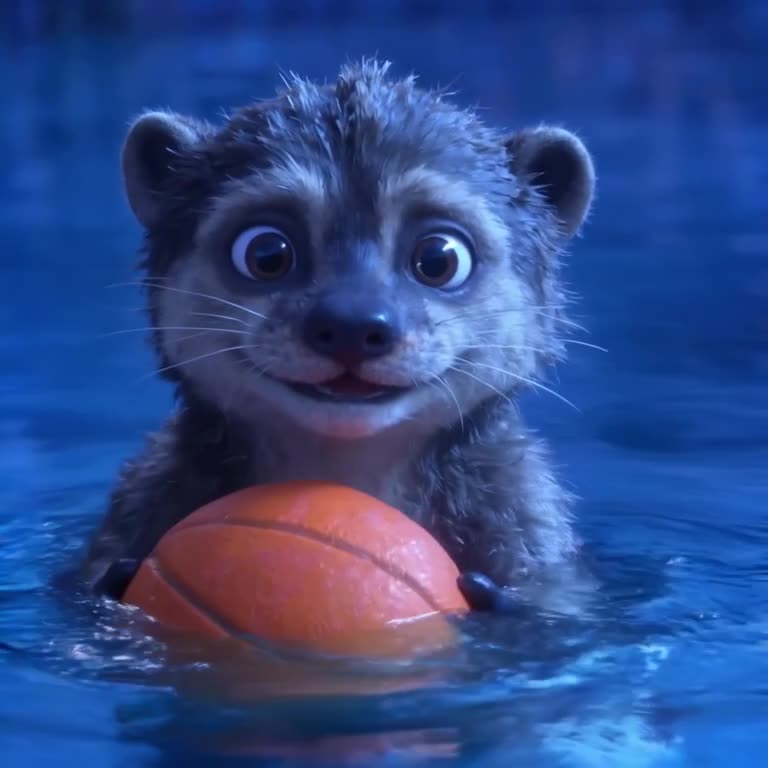 A baby otter holds a basketball between its paws, looking at it with awe. The water in th…