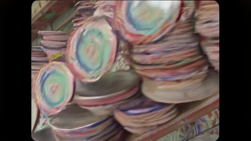 A stack of glazed plates slides off a shelf, scattering like frisbees. Each plate reflect…