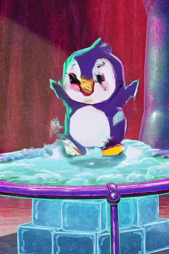 SpongeBob-style animation: a cartoon penguin bounces on a trampoline made of ice blocks. …