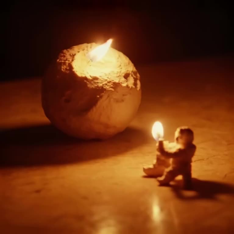 Photorealistic close-up of a candle melting wax into a tiny planet. The flame flickers li…