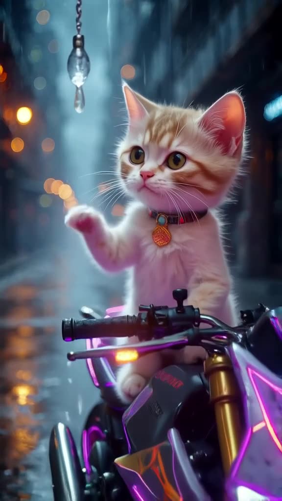 A tiny kitten sits on the handlebars of a neon-lit superbike in a rainy cyberpunk alley. …