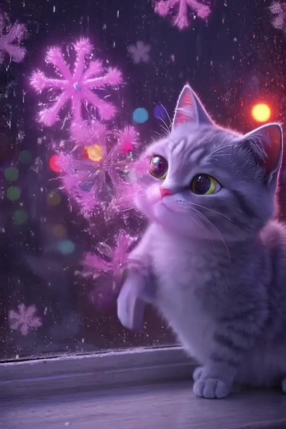 Close-up of a gray tabby cat sitting on a rainy windowsill. Outside, pink cotton candy sn…