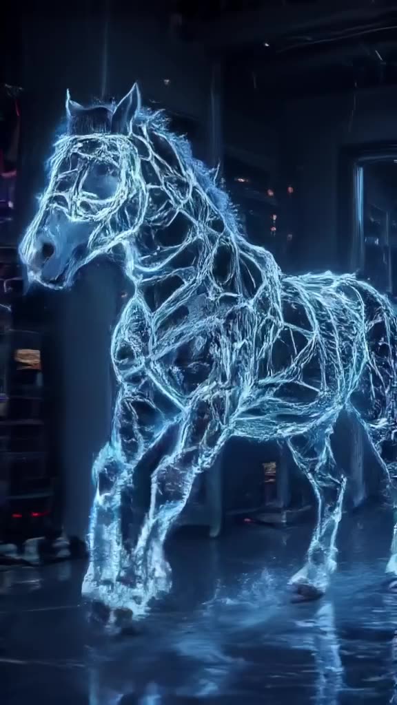 A horse woven from glowing fiber-optic cables runs through a dark server room. Data strea…