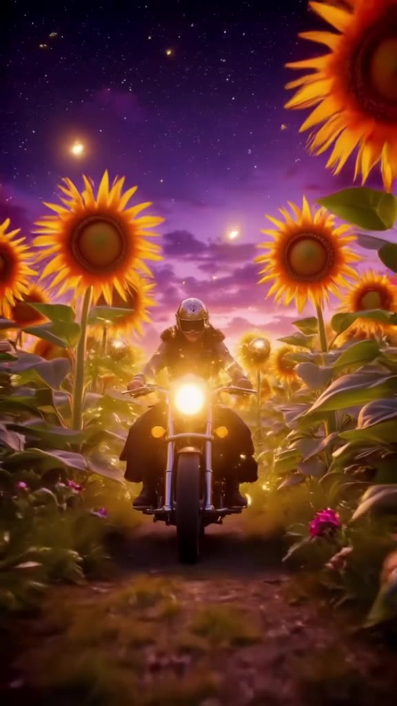 POV: You are riding a motorcycle through a field of giant, glowing sunflowers at night. F…