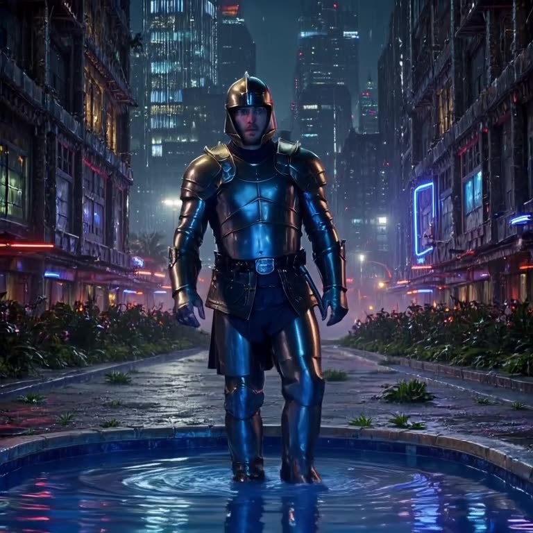 A medieval knight in shining armor accidentally steps into a shallow, modern pool of neon…