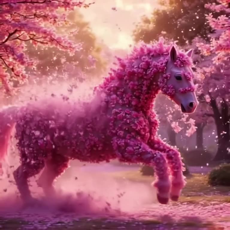 A majestic horse made entirely of blooming cherry blossom petals gallops through a misty …