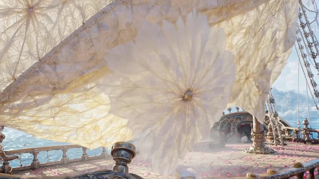 A pirate ship’s sail is made of giant, translucent flower petals. A gentle breeze causes …