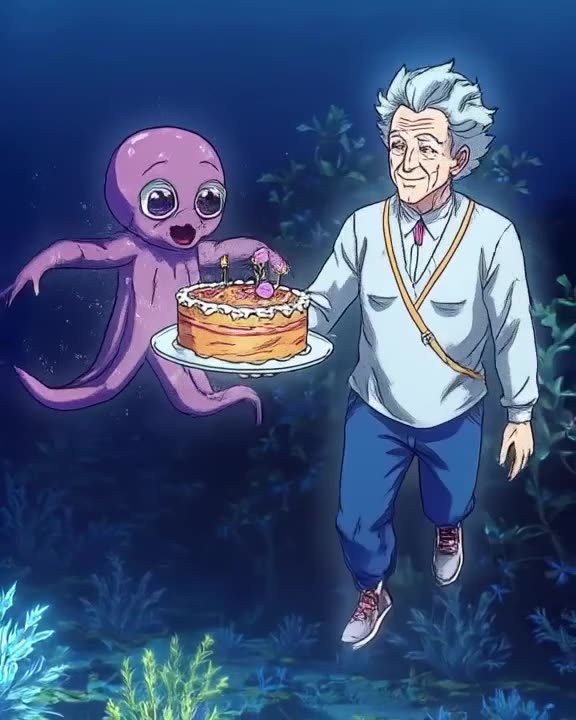 A senior citizen deep-sea diving with a glowing octopus friend, holding a birthday cake t…