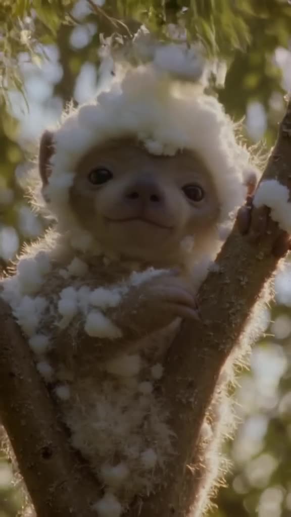 A tiny baby sloth hangs from a branch, covered in white hair mousse. It slowly blinks as …