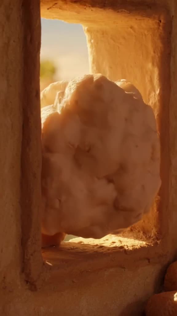 Claymation style: A fluffy cloud-hero tries to squeeze through a narrow window. His squis…